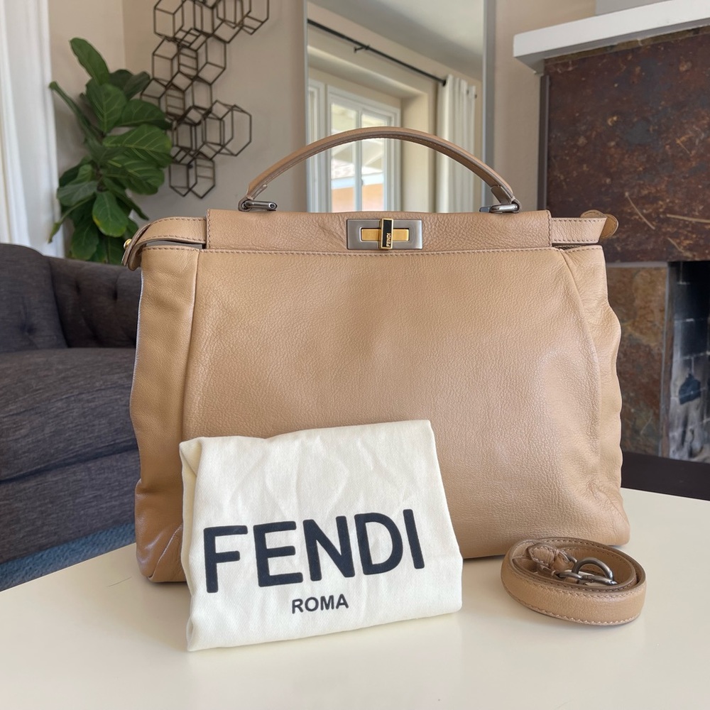 FENDI Peekaboo Beige Leather Large Top Handle Bag Tote Strap